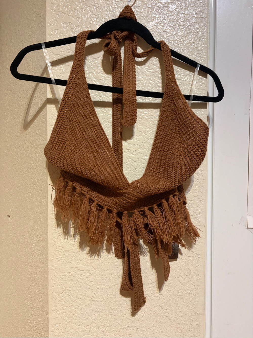 Brown Crochet Halter Crop Top with Fringe